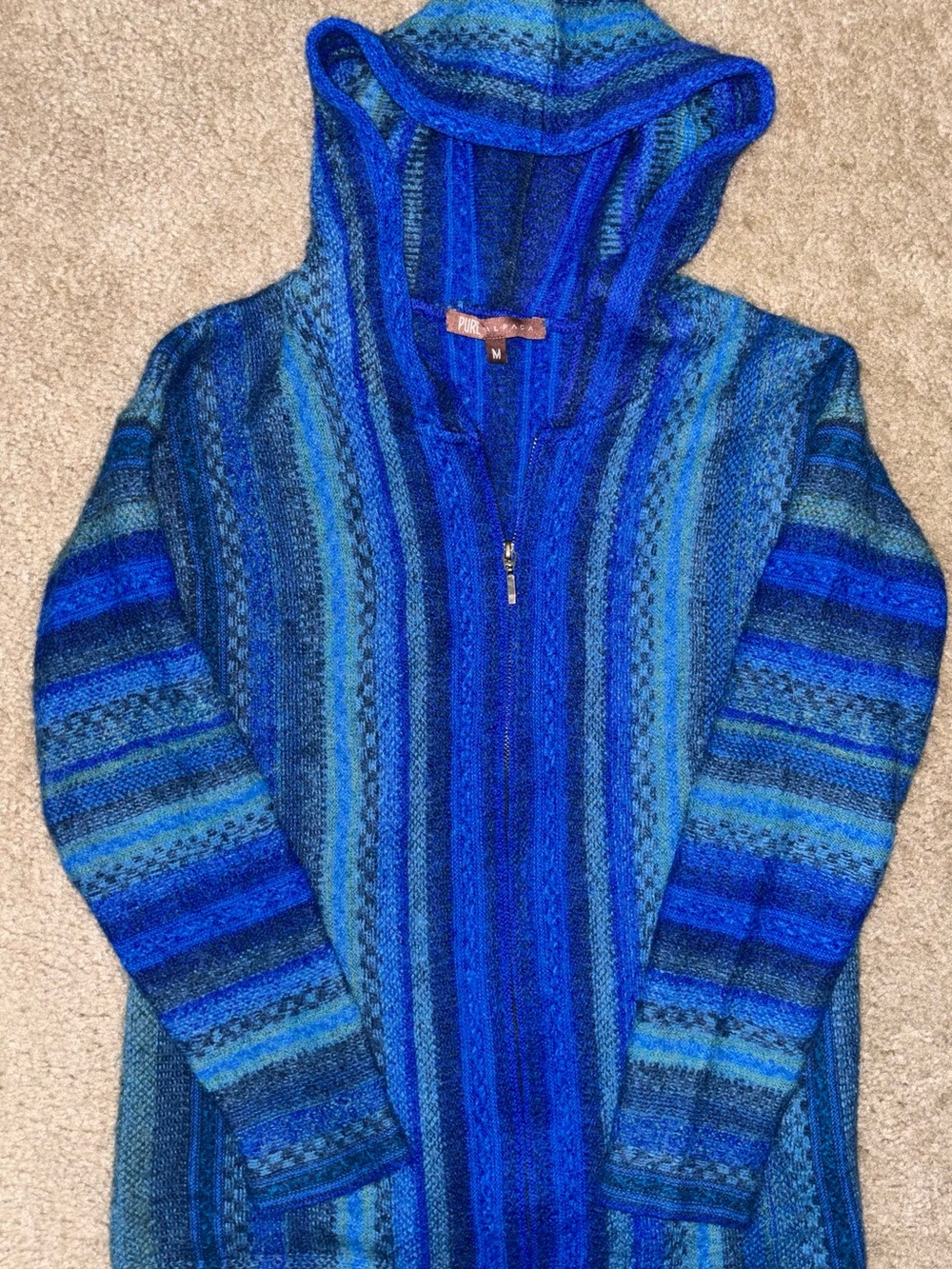 Pure Alpaca Blue Striped Hooded full zip jacket.